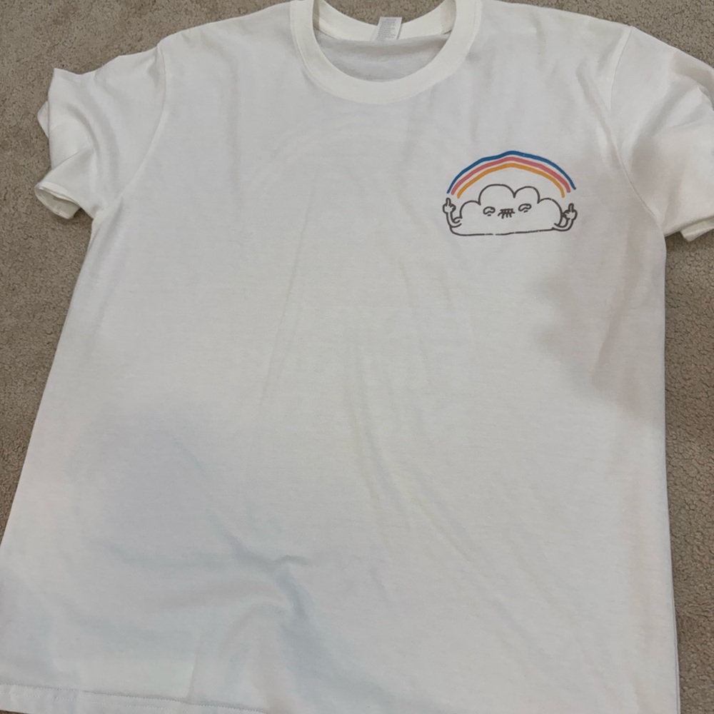 White T-Shirt with Rainbow Cloud Design